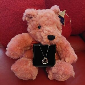 New Pink Fuzzy Bear And Double Heart Necklace Gift Valentines DAY
